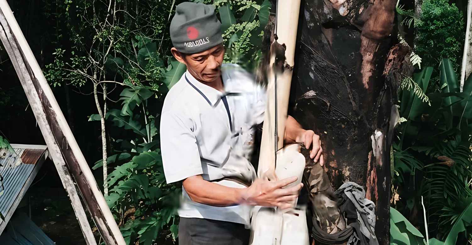 A farmer collects arenga sap from a tapped palm