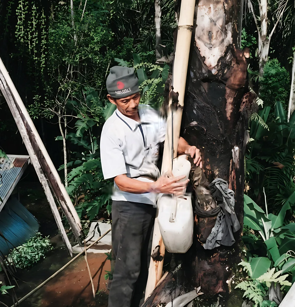 A farmer collects arenga sap from a tapped palm